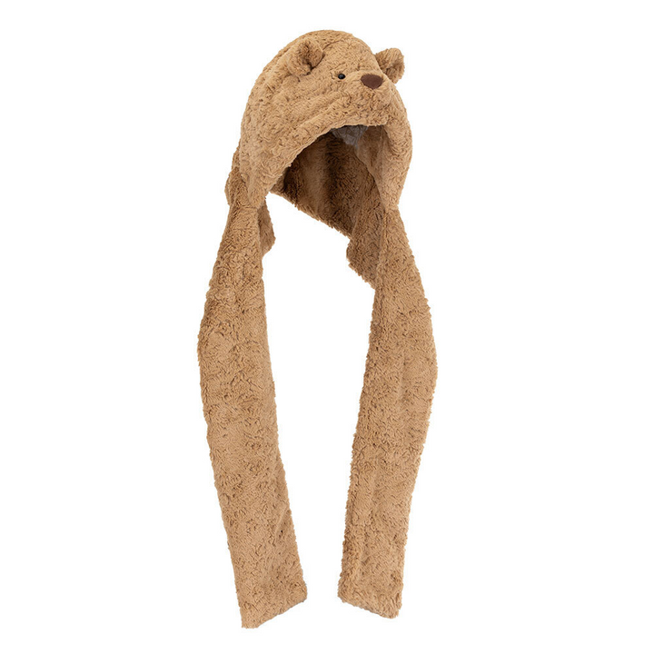 Jellycat Bartholomew Bear Bundlesnug featuring a soft hood-scarf hybrid design with fluffy bear ears.