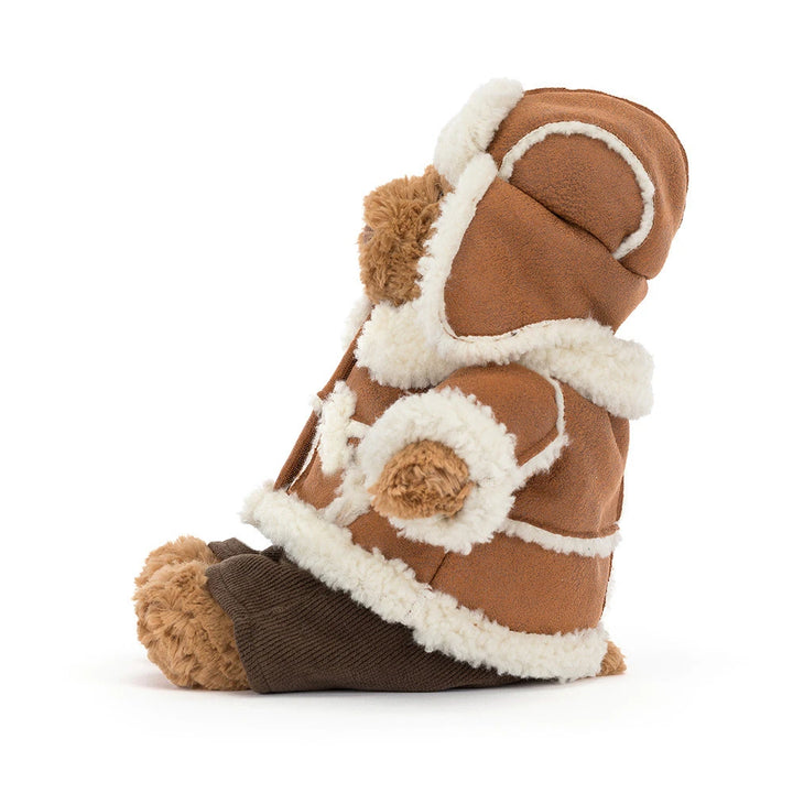 Jellycat Bartholomew Bear Alpine plush side view of the alpine outfit