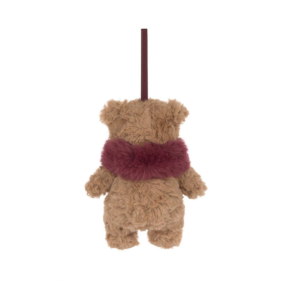 Jellycat Bartholomew Bear Winter Warmer ornament back view with hanging loop
