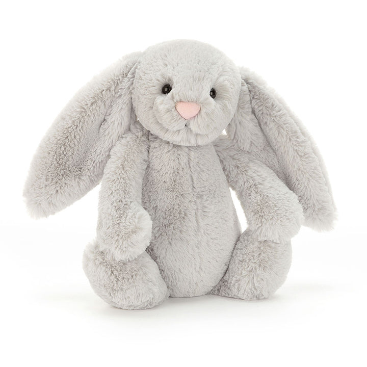 Jellycat Bashful Silver Bunny Medium size plush stuffed animal showcasing its signature soft silver-grey fur and long floppy ears.