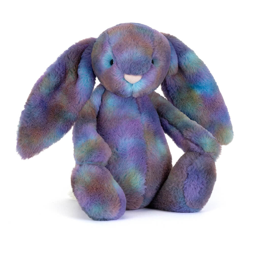 Jellycat Zodihop Luxe Bunny; a soft purple plush bunny with cosmic-patterned fur and long ears.