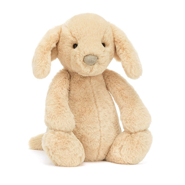 Jellycat Bashful Luxe Puppy Orlando plush puppy dog highlighting its premium soft honey-beige fur, long floppy ears, and sitting pose.
