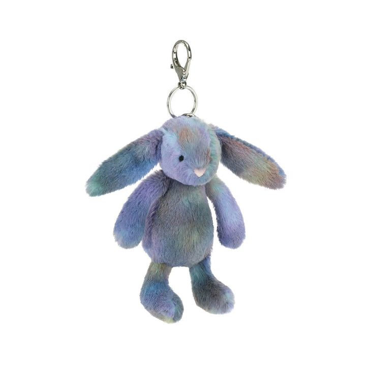 Jellycat Zodihop Luxe Bunny Bag Charm; a small purple cosmic-patterned plush bunny keychain with a silver metal clip.