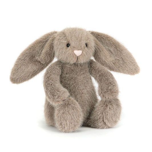 Jellycat Fawn Flufflet Bunny plush in cocoa-cream brown sitting upright