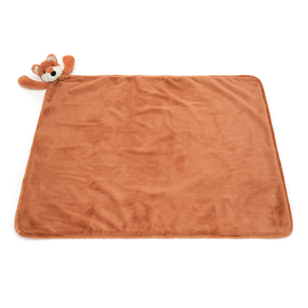 Jellycat Bashful Fox Cub Blankie neatly rolled and tied with a ribbon, featuring a soft plush fox head and terracotta ears.