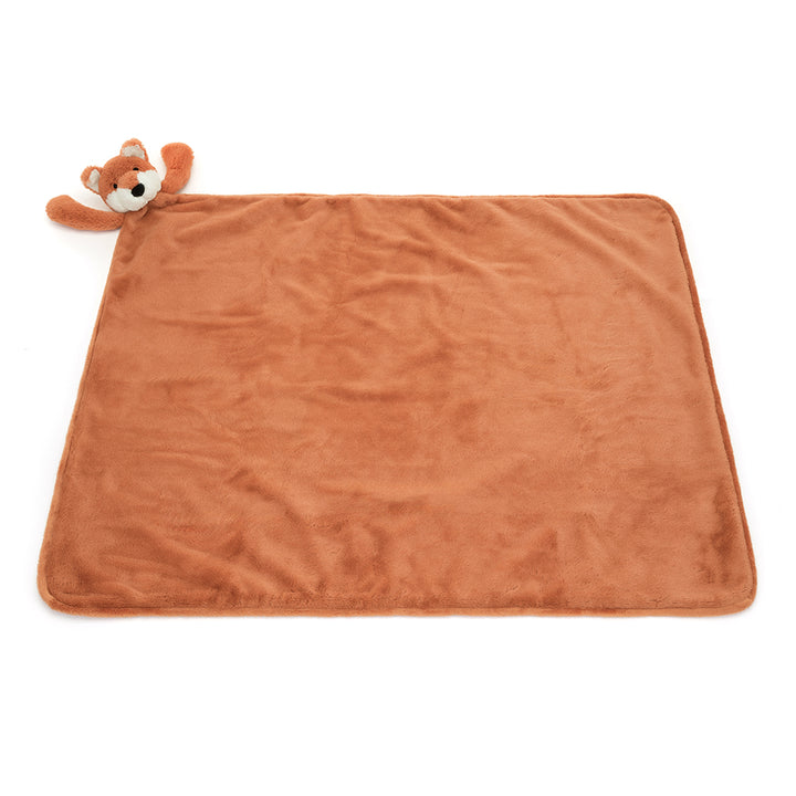 Jellycat Bashful Fox Cub Blankie neatly rolled and tied with a ribbon, featuring a soft plush fox head and terracotta ears.