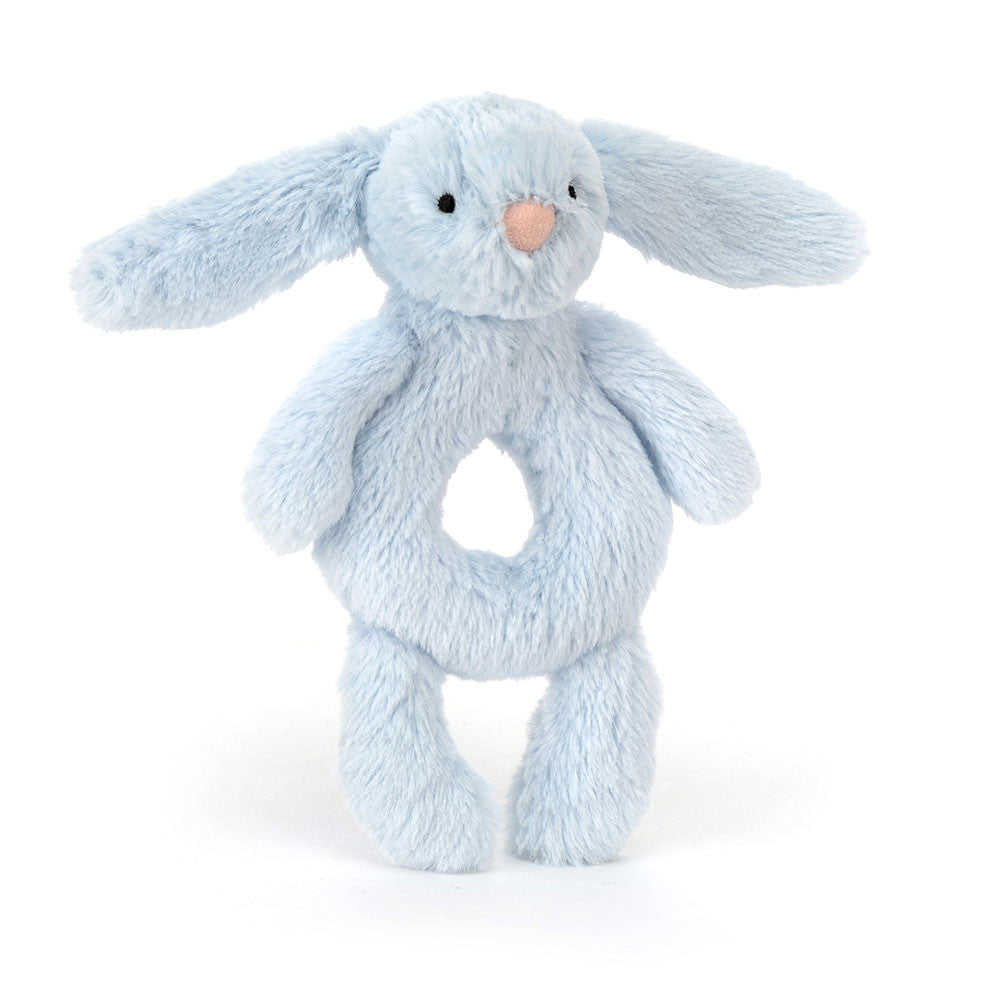 Jellycat Bashful Blue Bunny Ring Rattle soft pale blue baby rattle front view