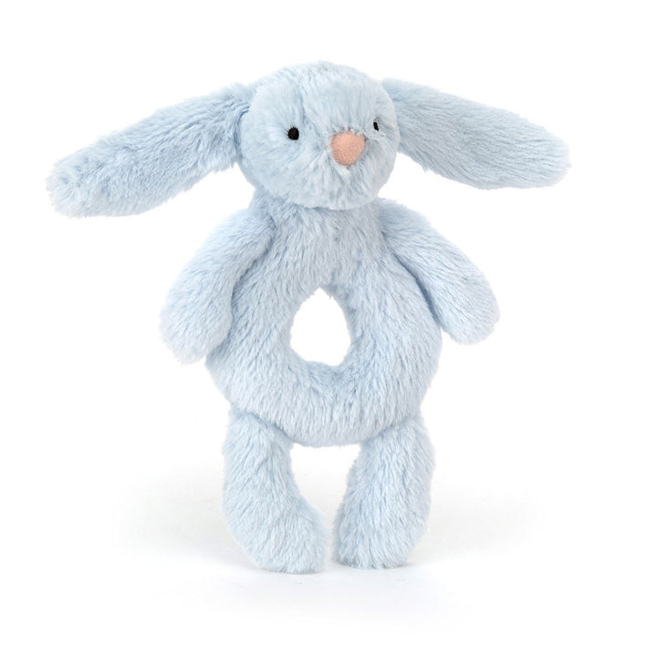 Jellycat Bashful Blue Bunny Ring Rattle soft pale blue baby rattle front view