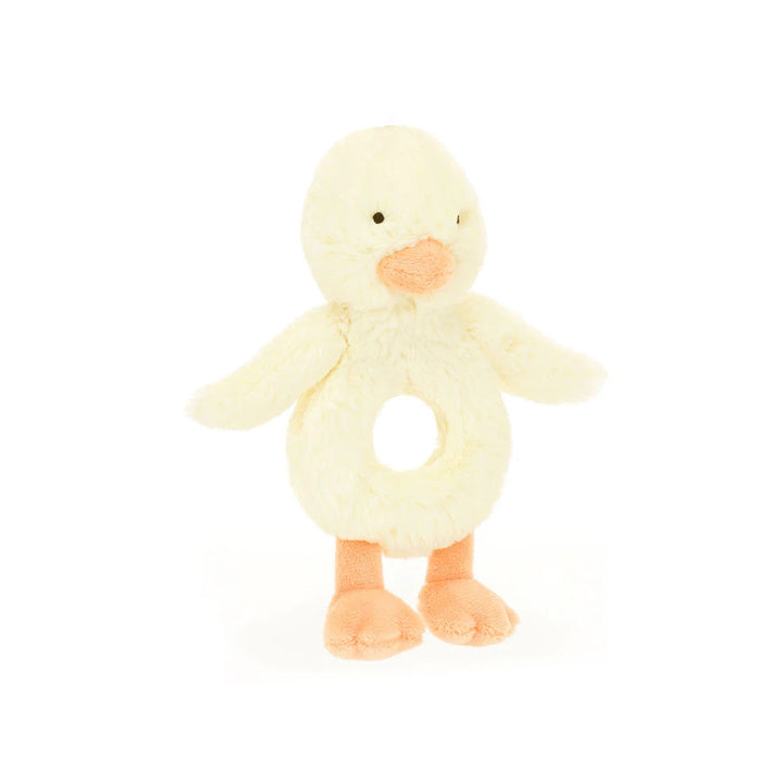 Jellycat Bashful Duckling Ring Rattle yellow plush baby rattle front view