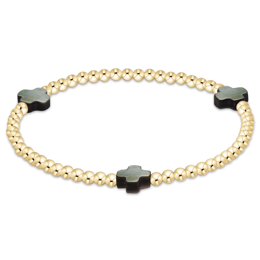 enewton Signature Cross 3mm 14kt gold-filled beaded stretch bracelet with black Tahitian mother of pearl cross