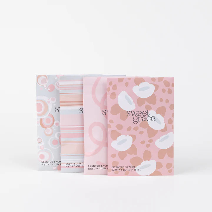 Bridgewater Candle Company Sweet Grace scented sachet in various modern patterns (Flower, Bubble, Stripes).