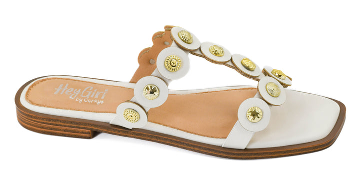 Corkys Beach What Slide Sandal in white featuring a double-strap design with gold-tone button accents and a flat cushioned sole.