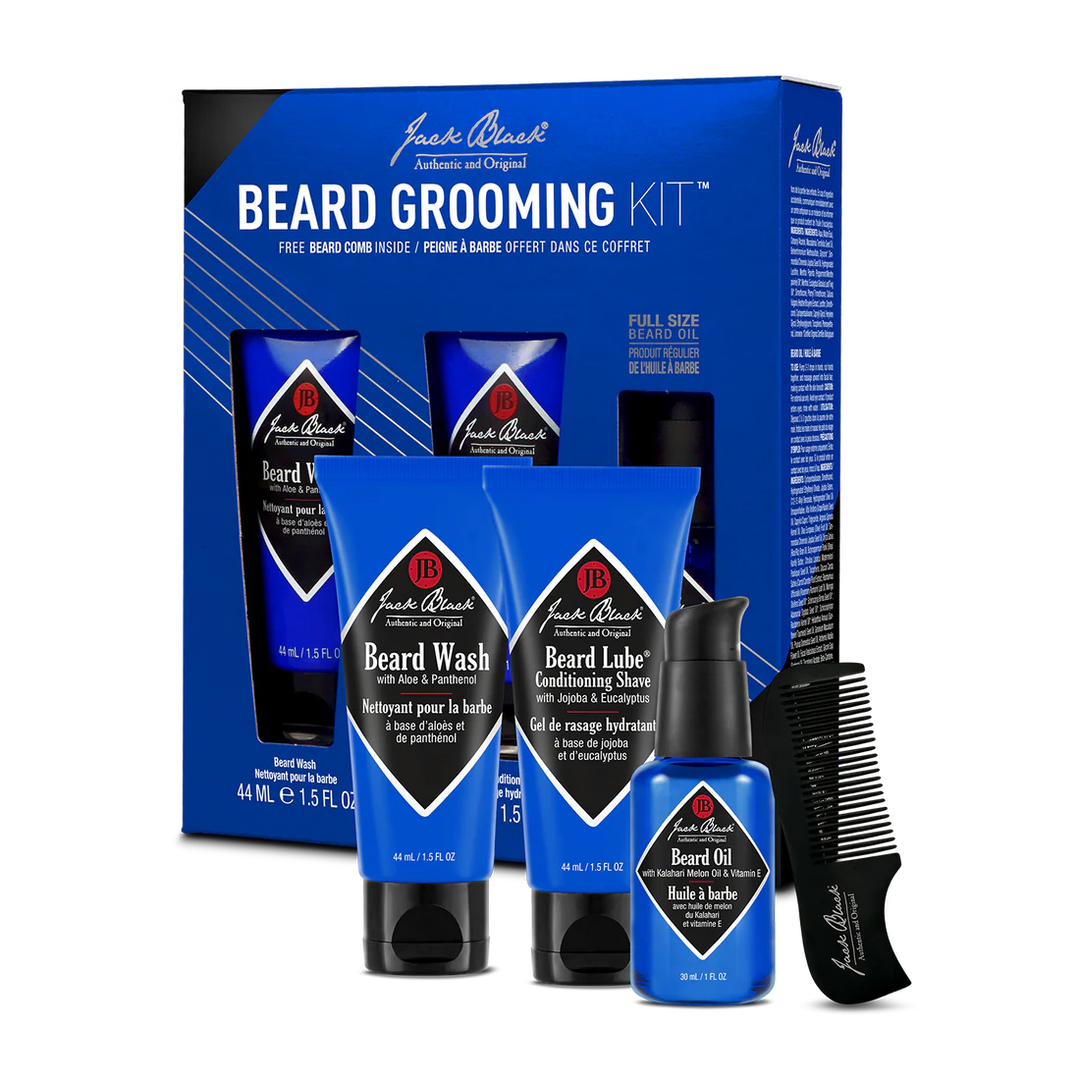 Jack Black Beard Grooming Kit box highlighting the 4-piece grooming lineup: beard wash, beard lube, premium beard oil, and a travel comb.