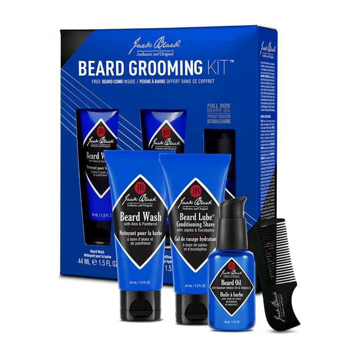 Jack Black Beard Grooming Kit box highlighting the 4-piece grooming lineup: beard wash, beard lube, premium beard oil, and a travel comb.