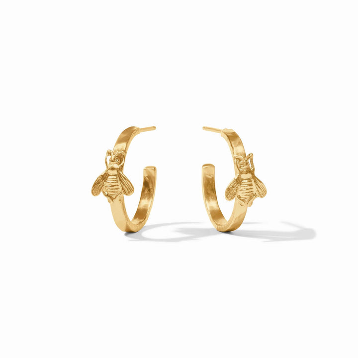 Julie Vos Gold Bee Hoop earrings in 24K gold plate, featuring a lightly hammered finish and a whimsical bee accent.