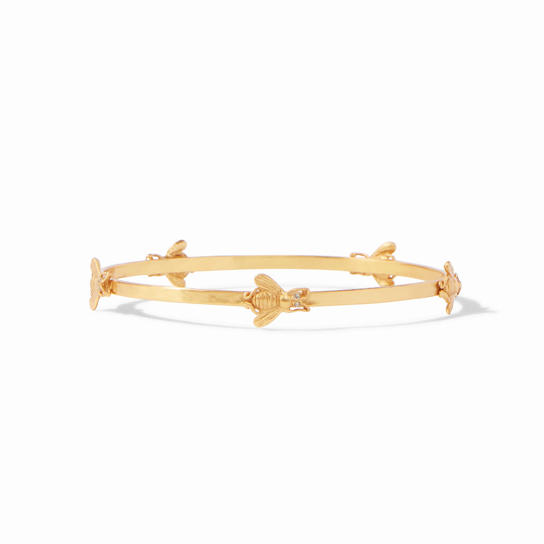 Julie Vos Bee Bangle in 24K gold plate featuring hammered texture and bee motifs with CZ eyes.