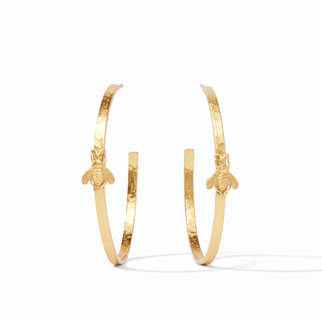 Julie Vos Gold Bee Hoop earrings in 24K gold plate, featuring a lightly hammered finish and a whimsical bee accent.