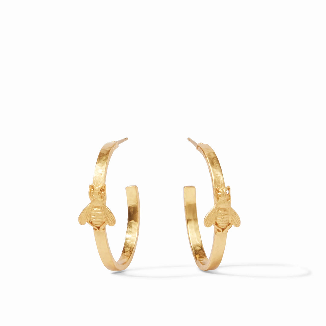 Julie Vos Gold Bee Hoop earrings in 24K gold plate, featuring a lightly hammered finish and a whimsical bee accent.