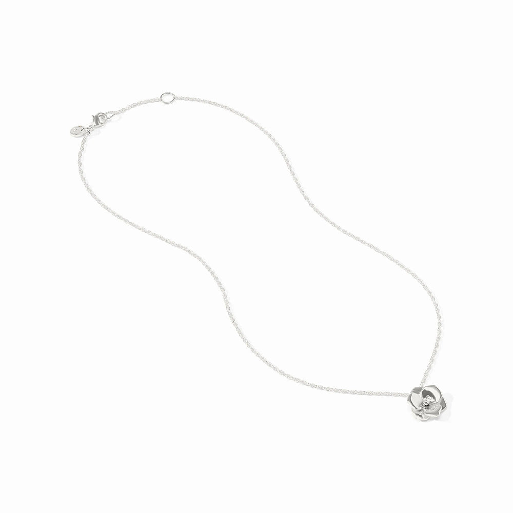 Close-up of the lobster clasp and the Julie Vos hallmark on the silver Bloom delicate necklace.