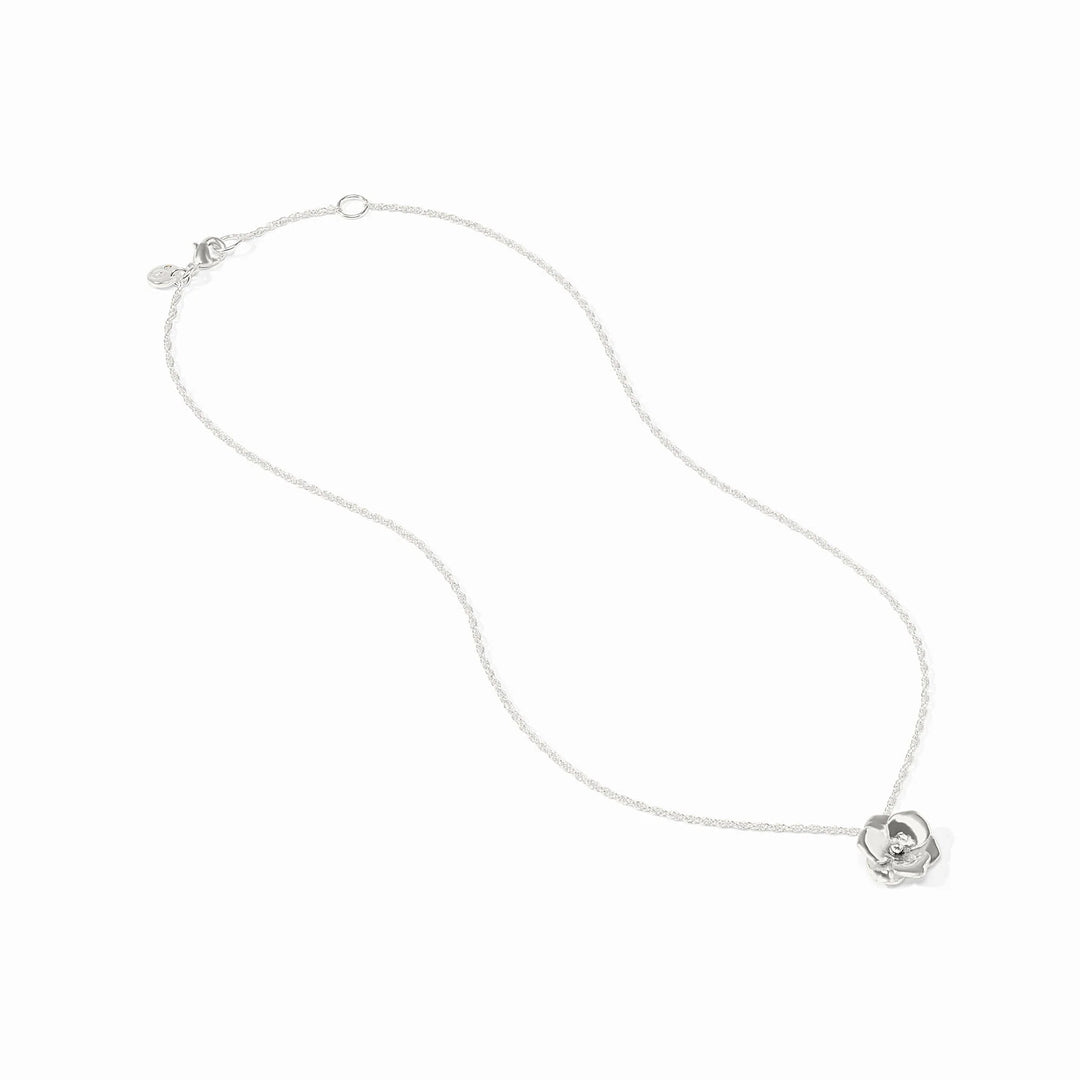 Close-up of the lobster clasp and the Julie Vos hallmark on the silver Bloom delicate necklace.