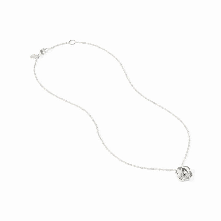 Close-up of the lobster clasp and the Julie Vos hallmark on the silver Bloom delicate necklace.