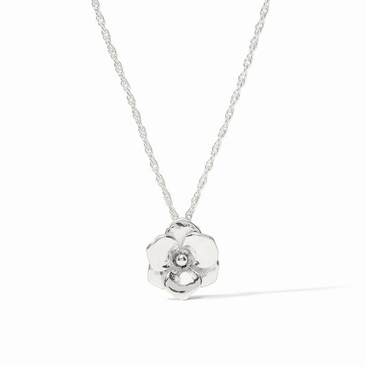 Julie Vos Bloom Delicate Silver Necklace featuring a 0.6-inch floral pendant in pure silver plate.