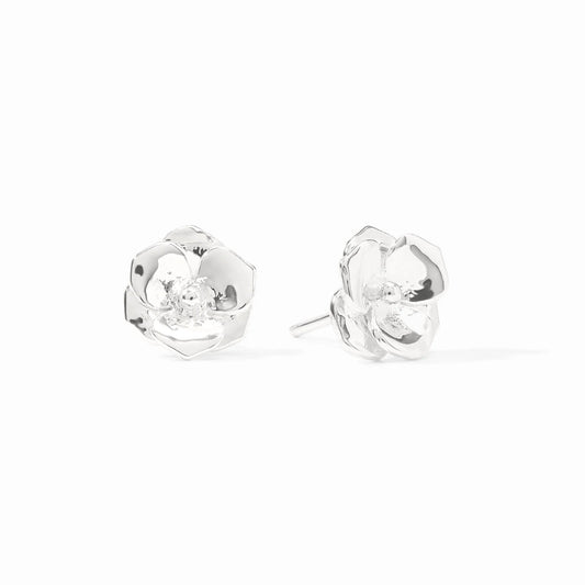 Julie Vos Bloom Silver Stud earrings featuring a detailed floral design in pure silver plate.