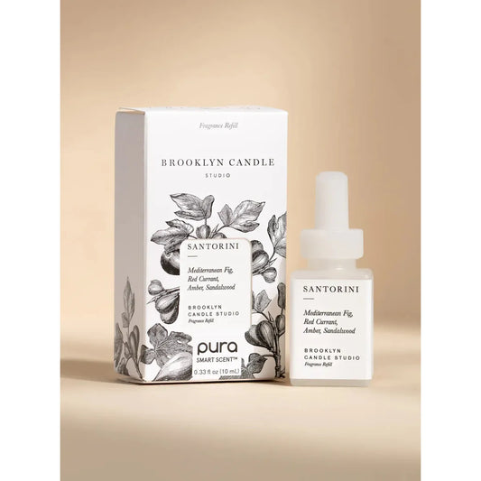 Pura smart fragrance vial in Santorini by Brooklyn Candle Studio, featuring a minimalist label with botanical sketches.