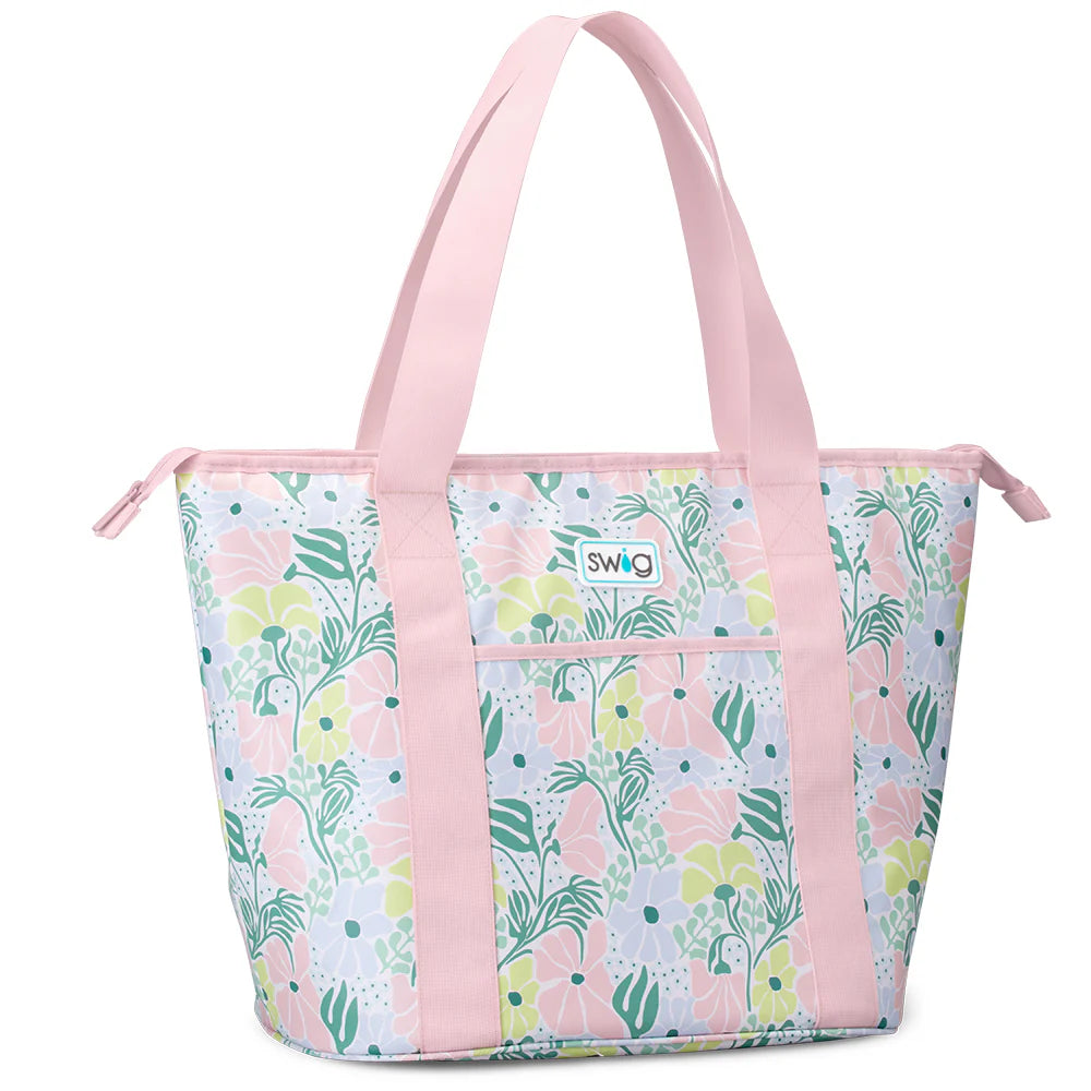Large insulated cooler tote bag by Swig Life in the Garden Party floral print, showing carry handles and zip top.