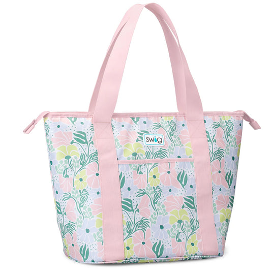 Large insulated cooler tote bag by Swig Life in the Garden Party floral print, showing carry handles and zip top.