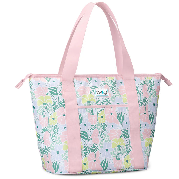 Large insulated cooler tote bag by Swig Life in the Garden Party floral print, showing carry handles and zip top.