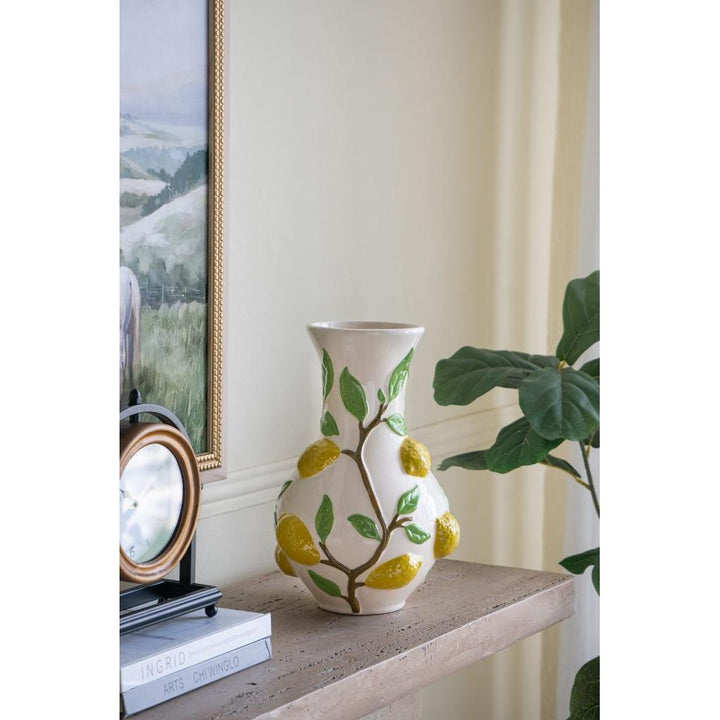 White Ceramic Vase with Vibrant Yellow Lemon Accents