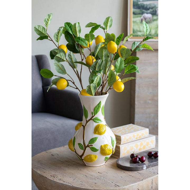 White Ceramic Vase with Vibrant Yellow Lemon Accents