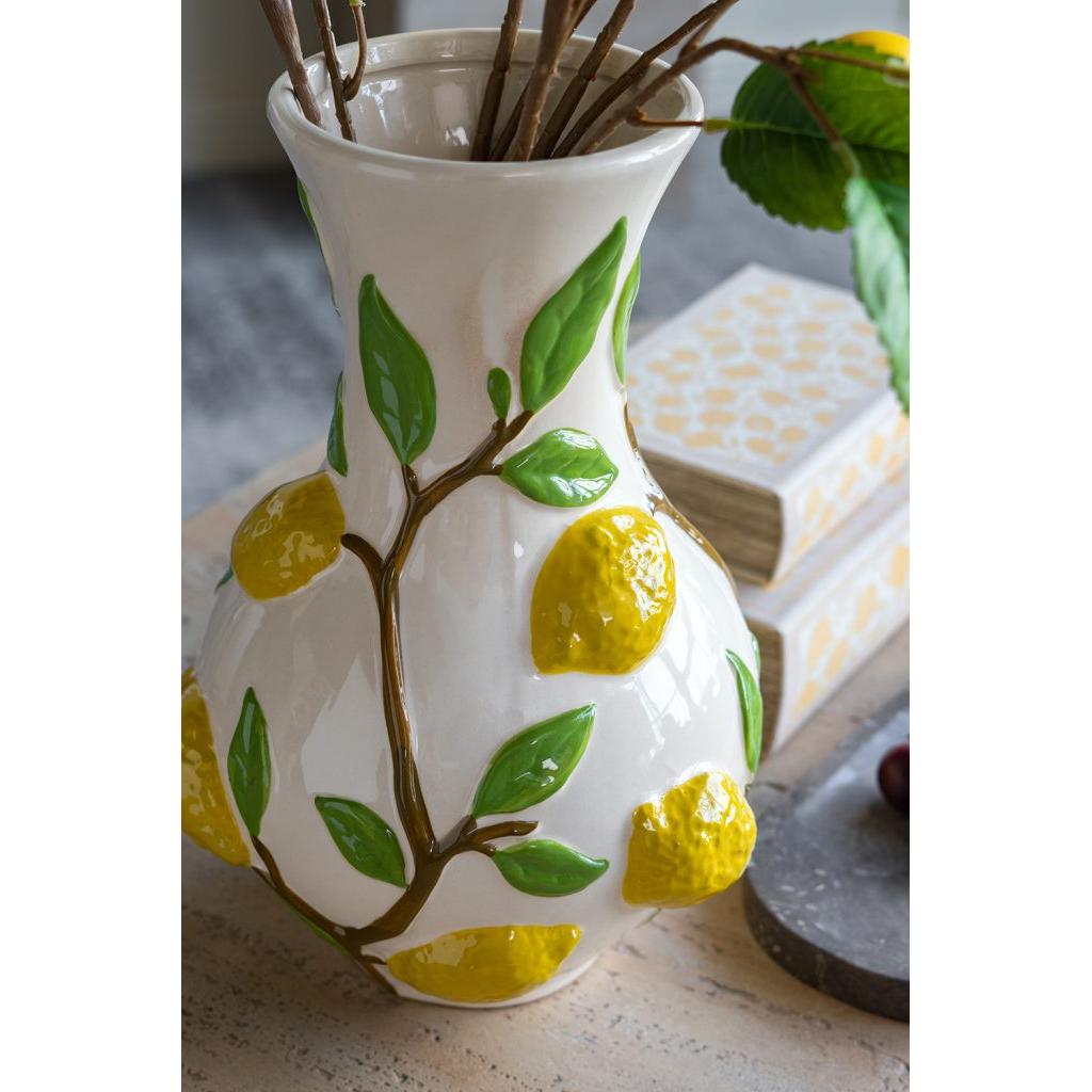 White Ceramic Vase with Vibrant Yellow Lemon Accents