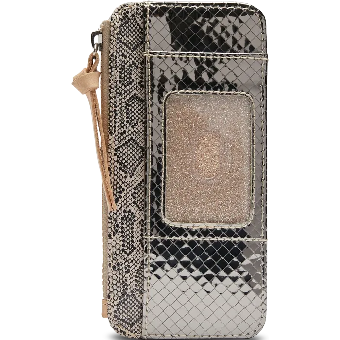 Consuela Kyle Card Organizer – front exterior view in gunmetal textured finish with snake print detailing