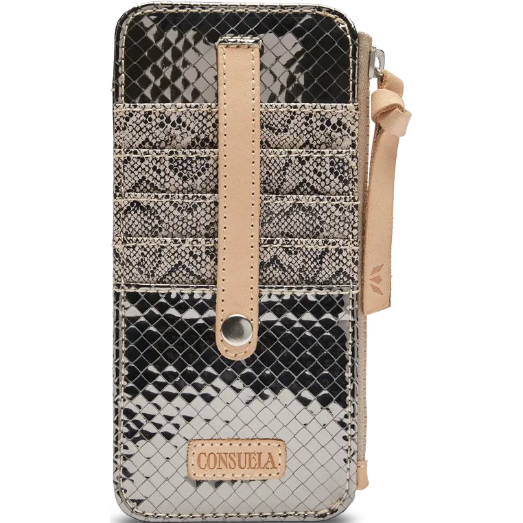 Consuela Kyle Card Organizer – front exterior view in gunmetal textured finish with snake print detailing