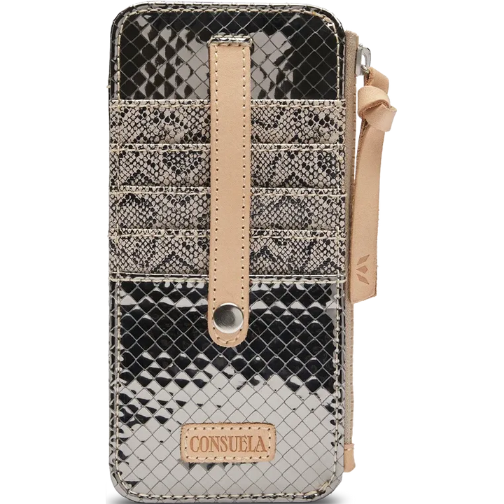 Consuela Kyle Card Organizer – front exterior view in gunmetal textured finish with snake print detailing