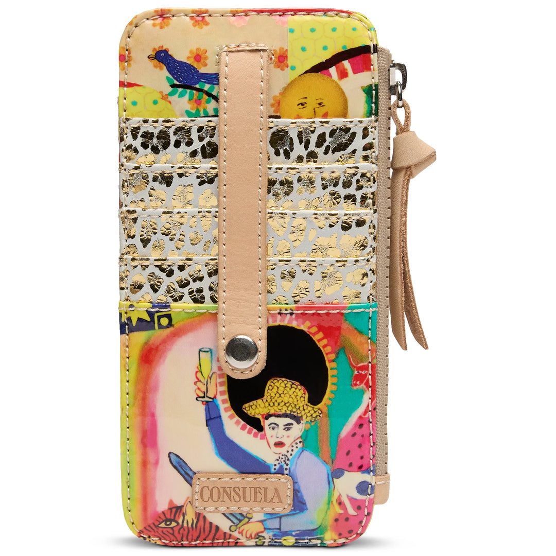A slim, 4-slot credit card case in vibrant ConsuelaCloth™ with a snap-closure pocket and natural leather trim. Made in Mexico