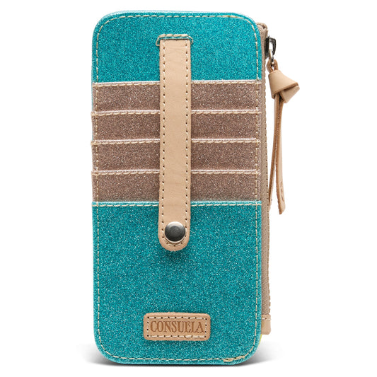 Consuela Lumi Card Organizer featuring turquoise glitter exterior and natural leather trim.