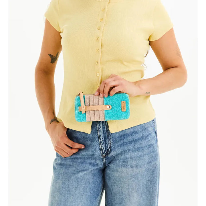 Consuela Lumi Card Organizer - Turquoise Glitter &amp; Leather Wallet