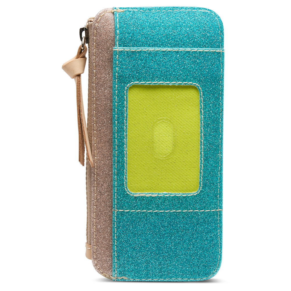 Close-up of the zippered side compartment and turquoise glitter texture on the Lumi wallet.