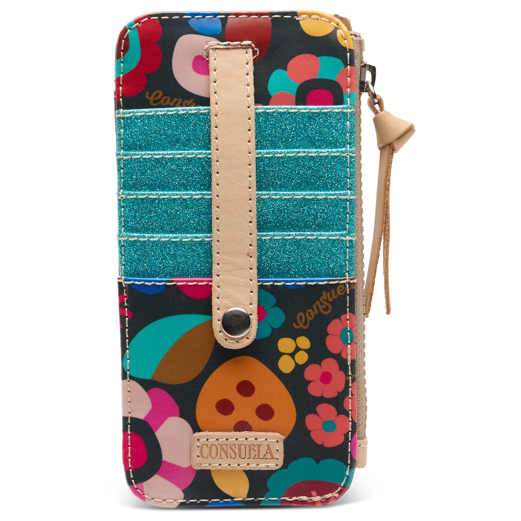 Consuela Amelie Card Organizer featuring a colorful floral ConsuelaCloth exterior and natural leather snap strap.