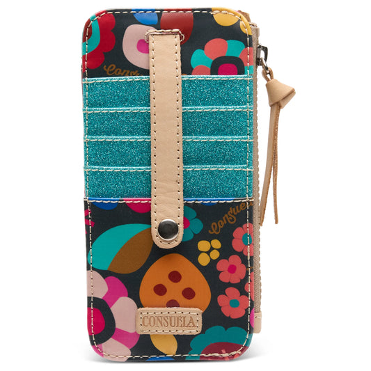 Consuela Amelie Card Organizer featuring a colorful floral ConsuelaCloth exterior and natural leather snap strap.