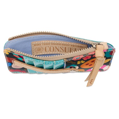 Close-up of the zippered side compartment and floral pattern detail on the Consuela Amelie wallet.
