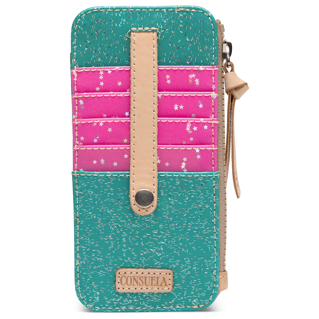 Consuela Shay Card Organizer with a shimmering teal body and hot-pink star-print card slots, front view with a leather snap strap and side zip.