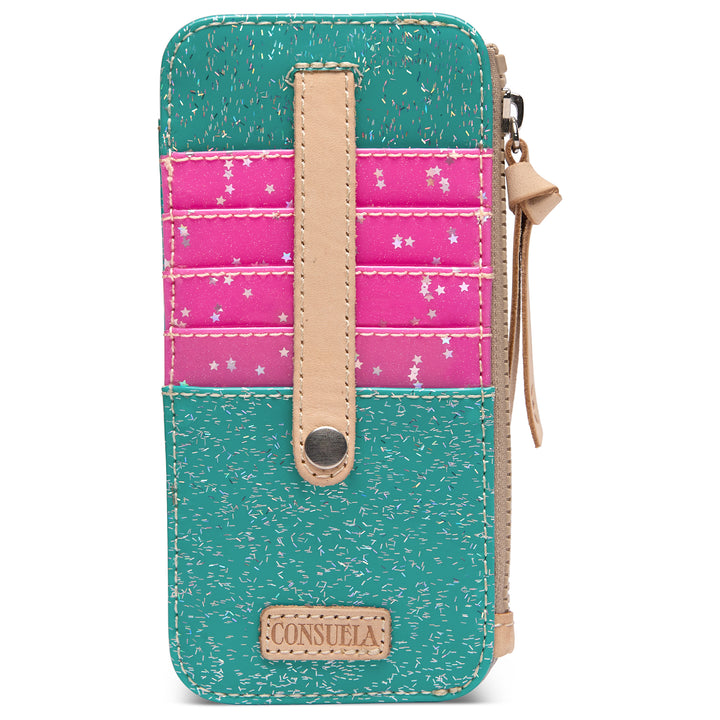 Consuela Shay Card Organizer with a shimmering teal body and hot-pink star-print card slots, front view with a leather snap strap and side zip.