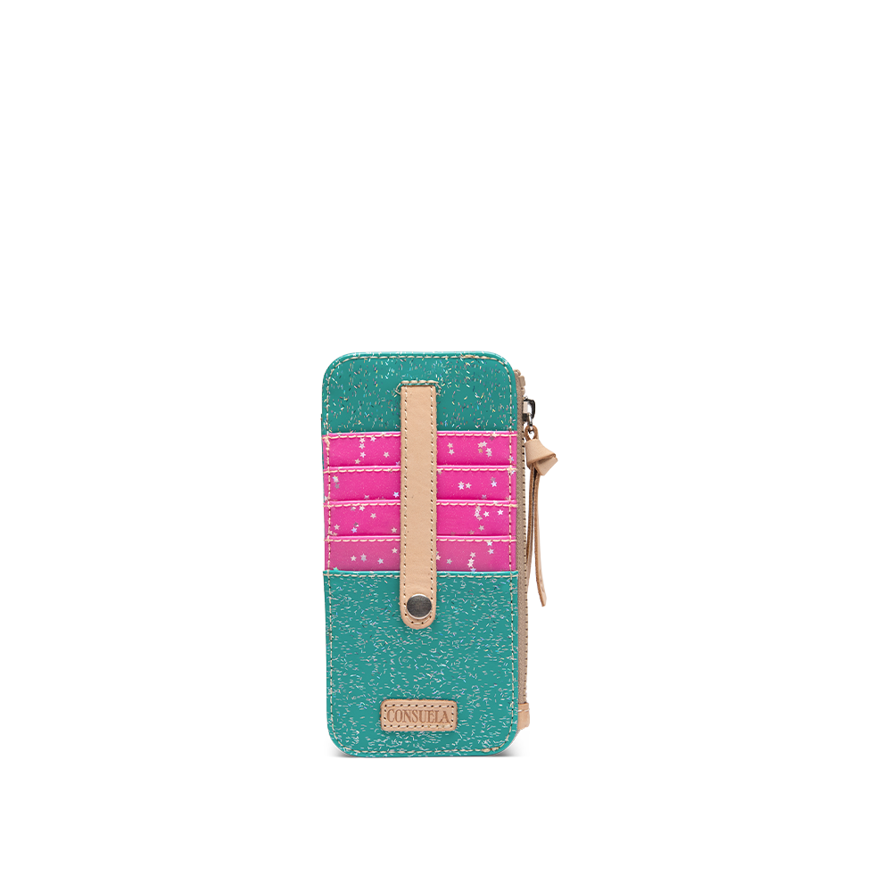 Consuela Shay Card Organizer in teal and pink, front view of the slim card wallet with star-print card slots and a snap strap on a light background.