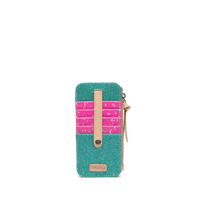 Consuela Shay Card Organizer in teal and pink, front view of the slim card wallet with star-print card slots and a snap strap on a light background.