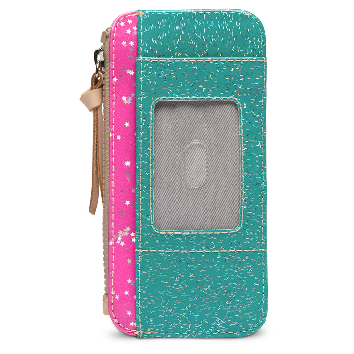 Back view of the Consuela Shay Card Organizer showing the teal glitter finish, a clear ID window, and a pink star-print zip panel.