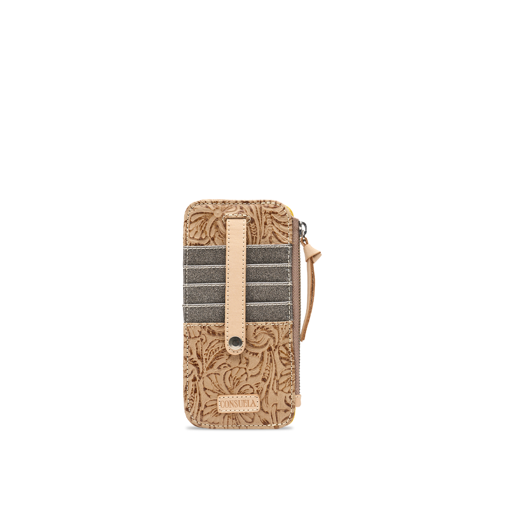Consuela Lawton Card Organizer in tan tooled leather, front view of the slim card wallet with card slots and a snap strap on a light background.